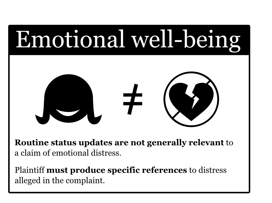 While the relevance of a posting reflecting engagement in a physical activity that would not be feasible given the plaintiff�s claimed physical injury is obvious, the relationship of routine expressions of mood to a claim for emotional distress damages is much more tenuous. Let's parse this: Connection between physical activity and physical injury is obvious. The connection between mood and emotional distress is tenuous While the relevance of a posting reflecting engagement in a physical activity that would not be feasible given the plaintiff�s claimed physical injury is obvious, the relationship of routine expressions of mood to a claim for emotional distress damages is much more tenuous. Emotional well-being Routine status updates are not generally relevantto a claim of emotional distress. Plaintiff must produce specific referencesto distress alleged in the complaint. = = Postings that are inconsistentwith claimed physical injury are relevant and must be produced. Physical health