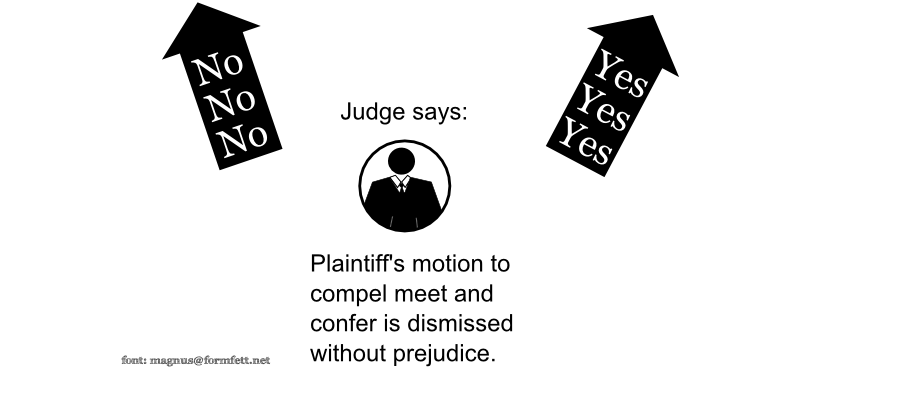 Plaintiff's motion to compel meet and confer is dismissed without prejudice. Judge says: No No No Yes Yes Yes font: magnus@formfett.net