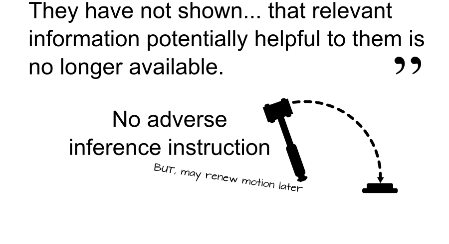 They have not shown... that relevant information potentially helpful to them is no longer available. No adverse inference instruction BUT, may renew motion later